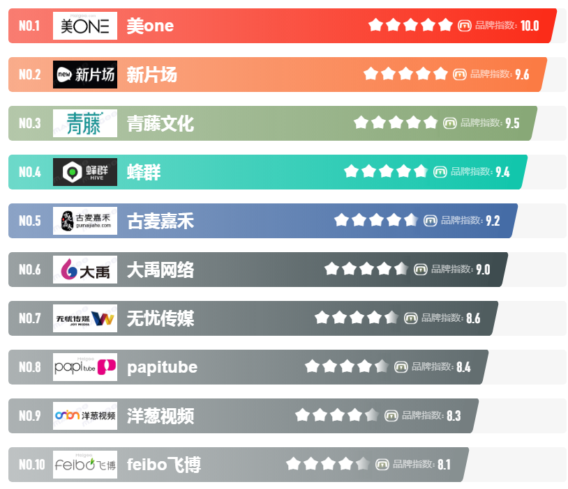 十大mcn機構排行榜,是由CN10/CNPP品牌數據部門通過收集整理